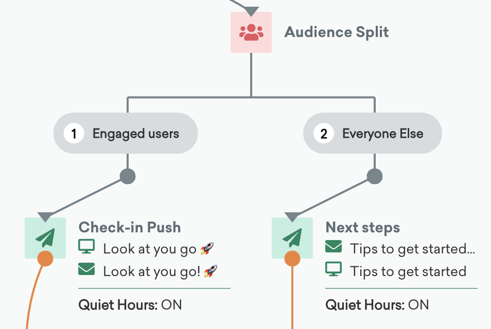 An Audience Split step with one path for engaged users and one path for everyone else.