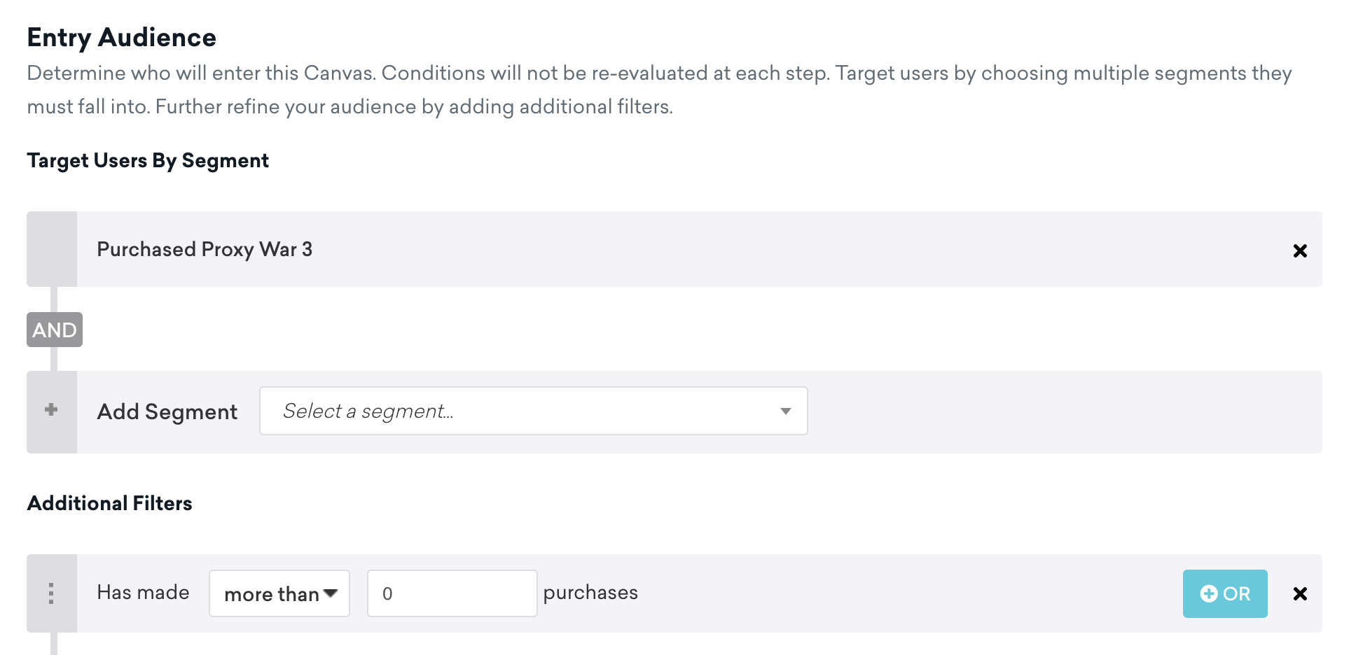 A segment named "Purchased Proxy War 3" that segments users who have purchased the game.