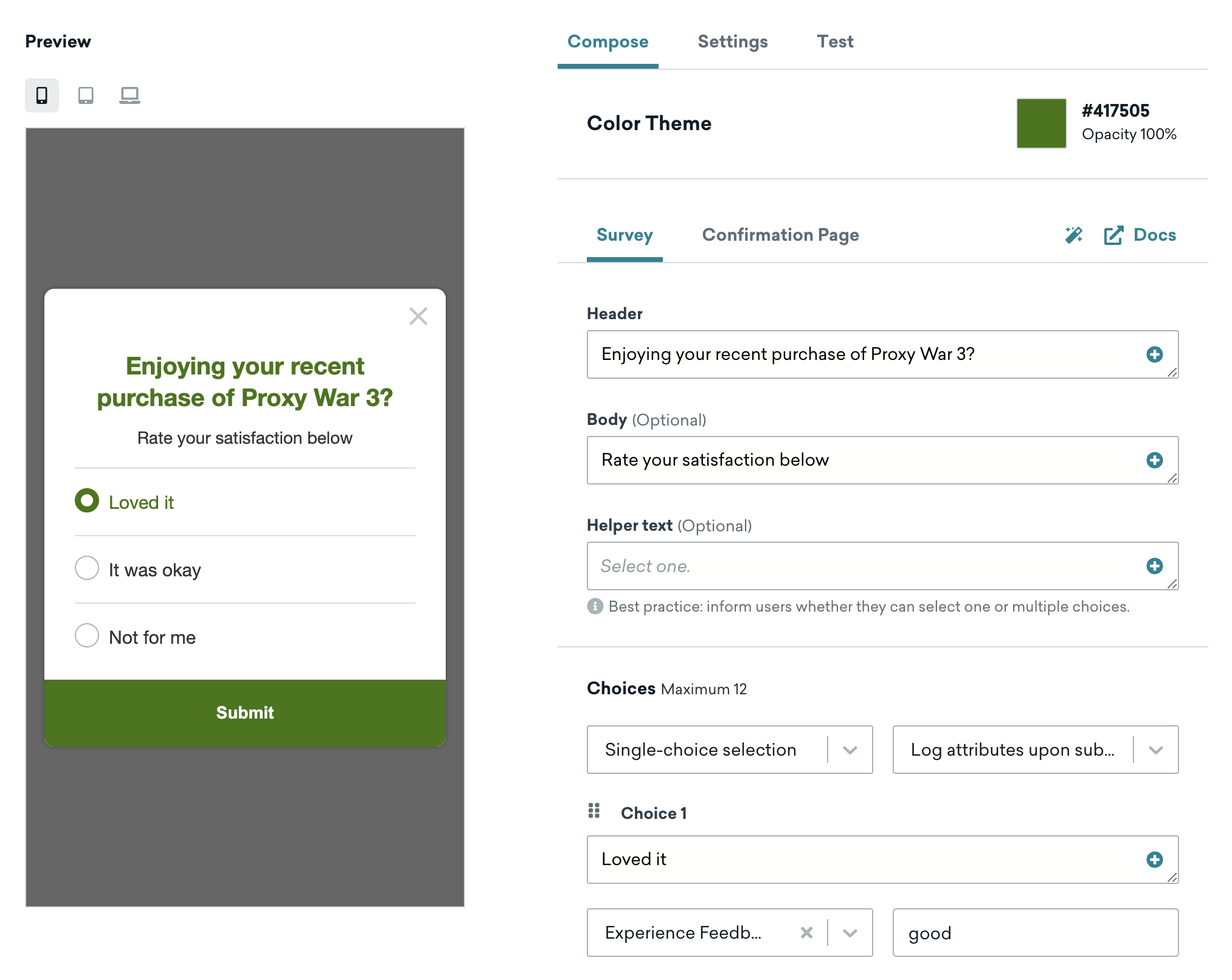 A survey that asks the user if they enjoyed their recent purchase of Proxy War 3 with three options: "Loved it", "It was OK", and "Not for me".