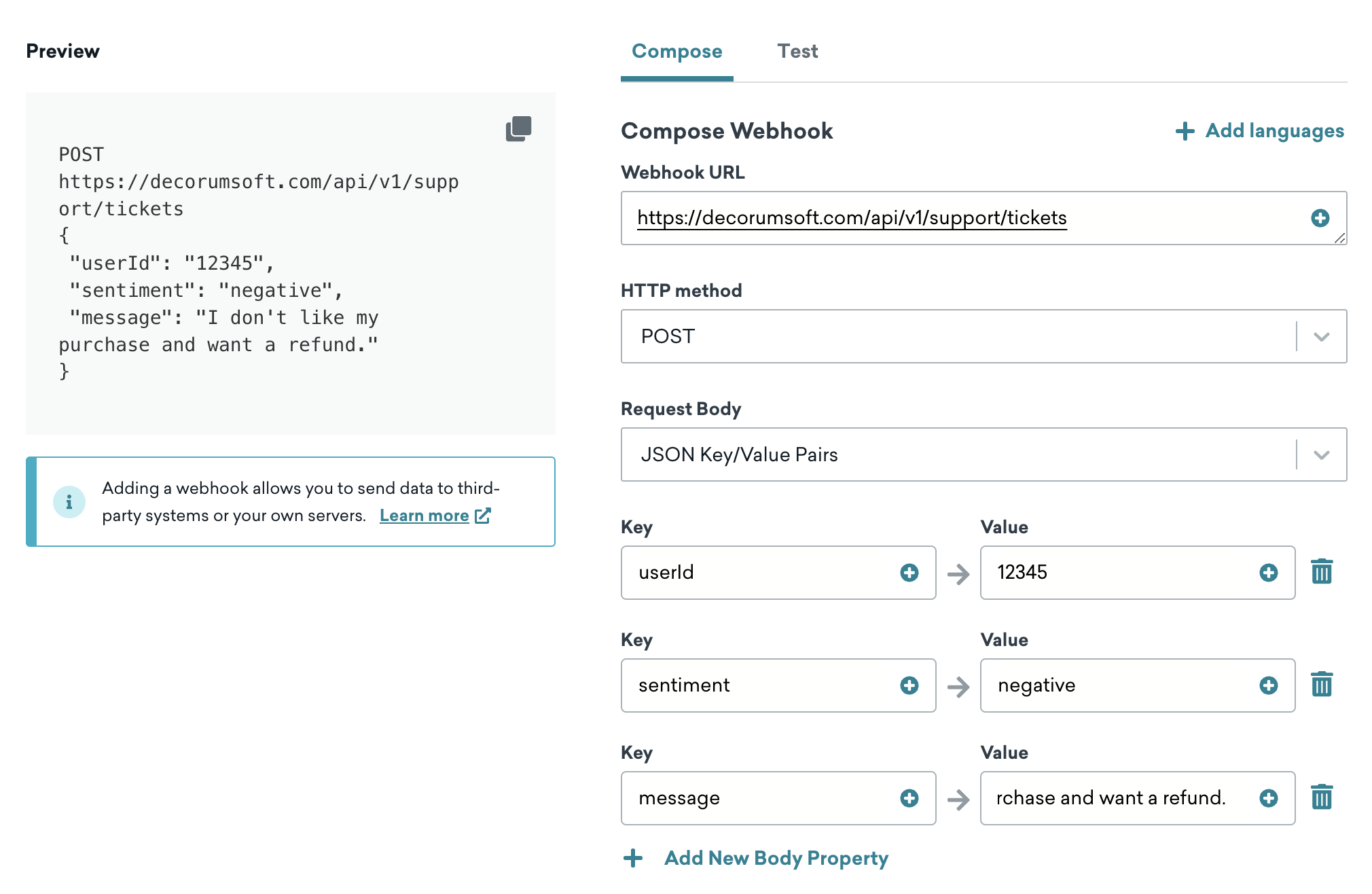 A webhook that creates support cases for customers who have a negative sentiment and want a refund for their purchase of Proxy War 3.