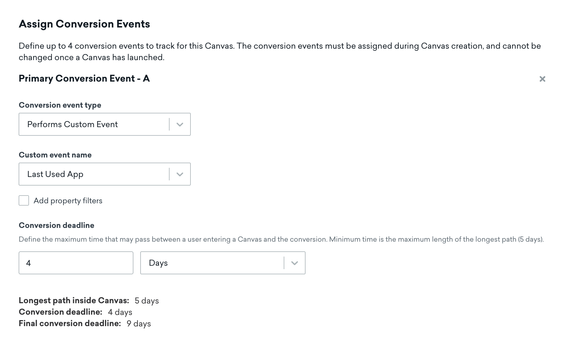 Last Used App as the selected custom event name for the conversion event.