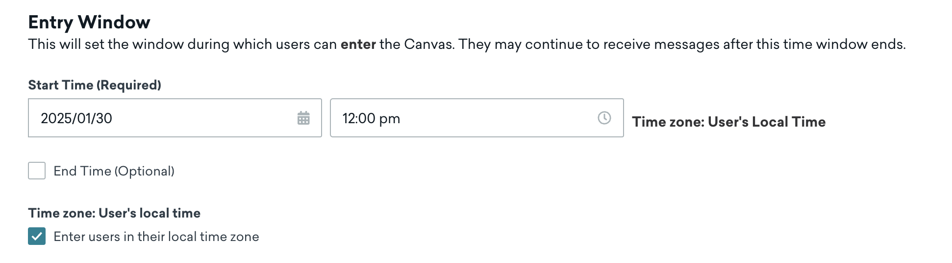 "Entry Window" section with the start time January 30, 2025 at 12 pm.