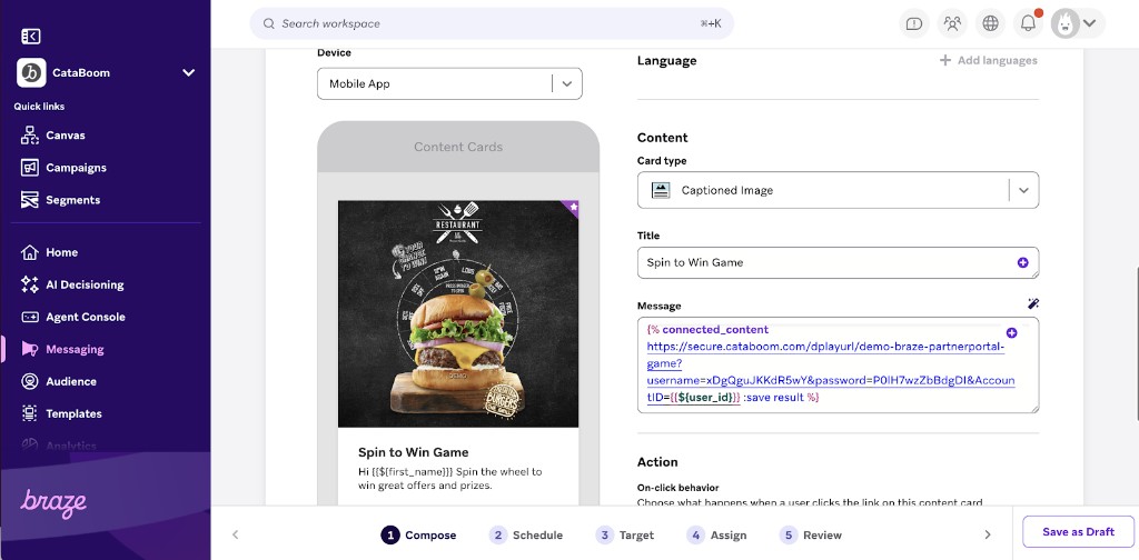 Braze Content Card composer showing Connected Content in the message field and a mobile preview of the card.