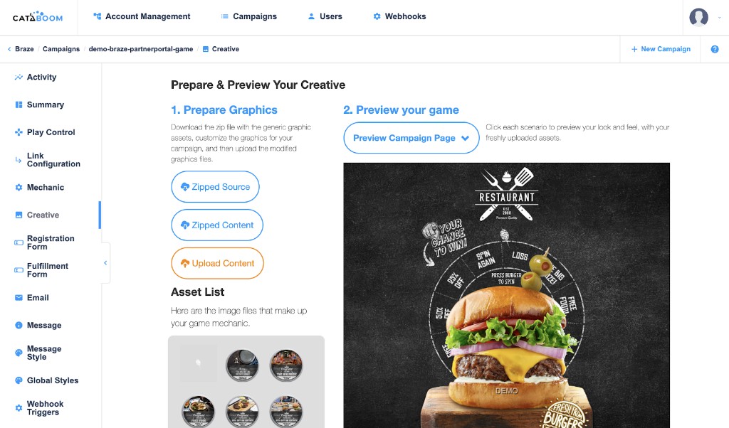 CataBoom Creative page with graphic download and upload actions and a game preview.