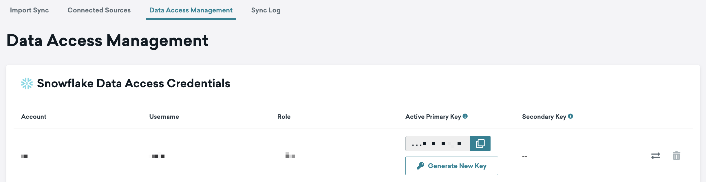 Data Access Management for Snowflake Data Access Credentials, with a button to Generate New Key.