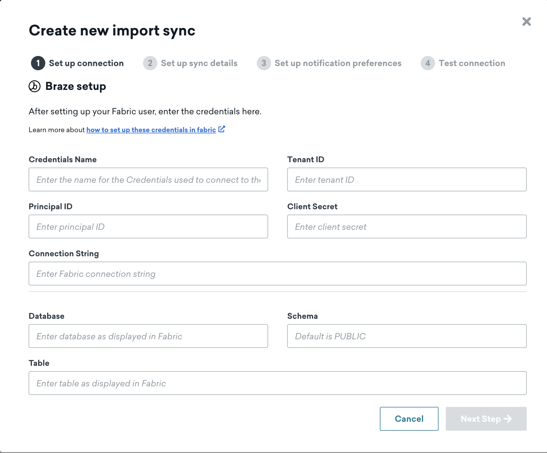 The "Create new import sync" page for Microsoft in the Braze dashboard, set to Step 1: "Set up connection".