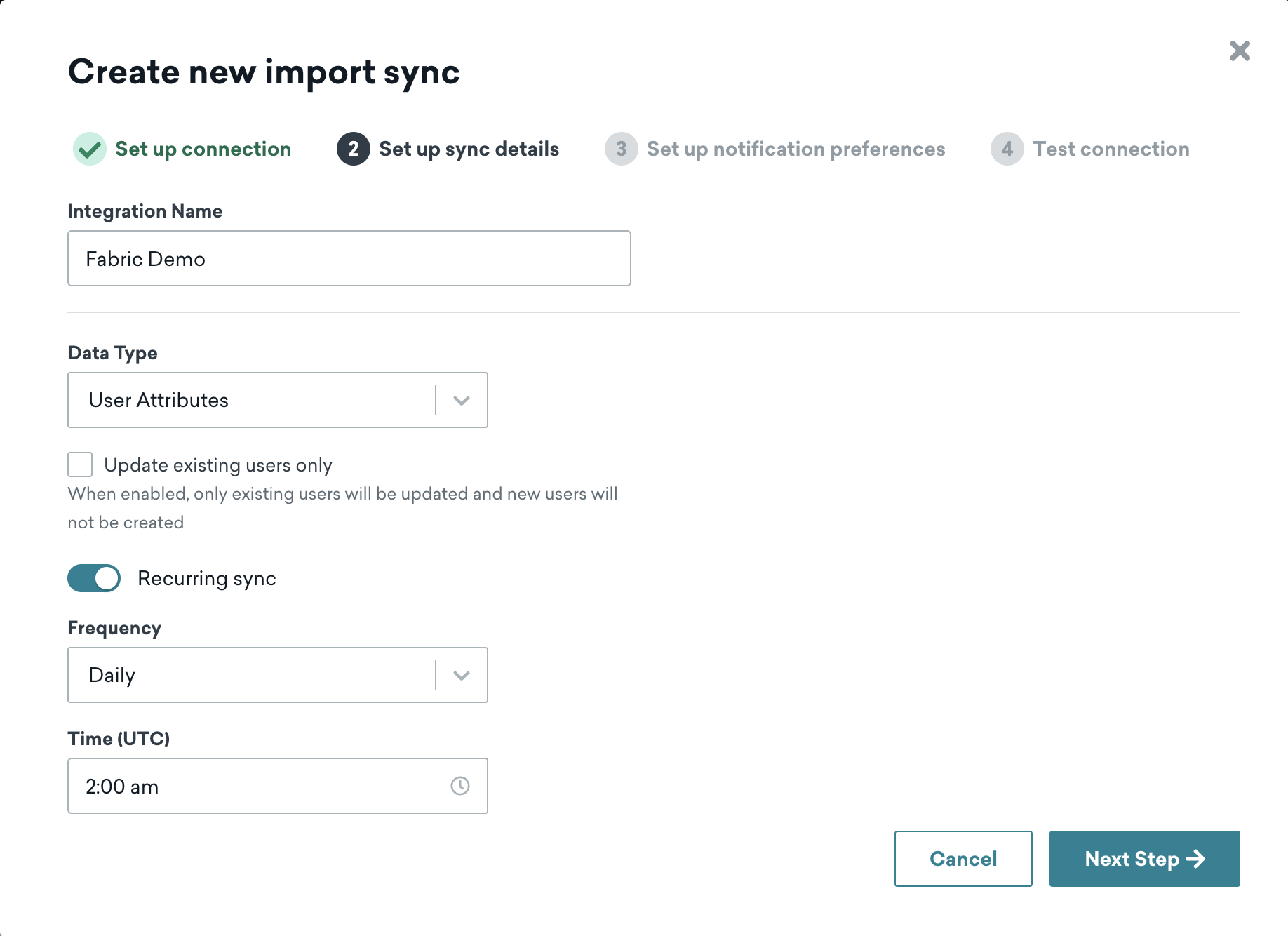 The "Create new import sync" page for Microsoft Fabric in the Braze dashboard, set to Step 2: "Set up sync details".