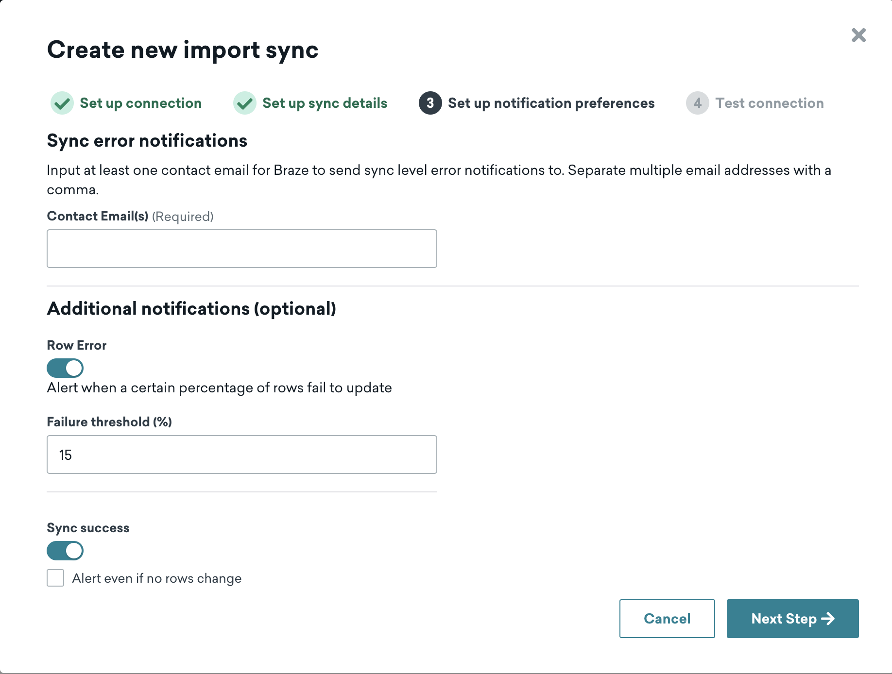 The "Create new import sync" page for Microsoft Fabric in the Braze dashboard, set to Step 3: "Set up notification preferences".