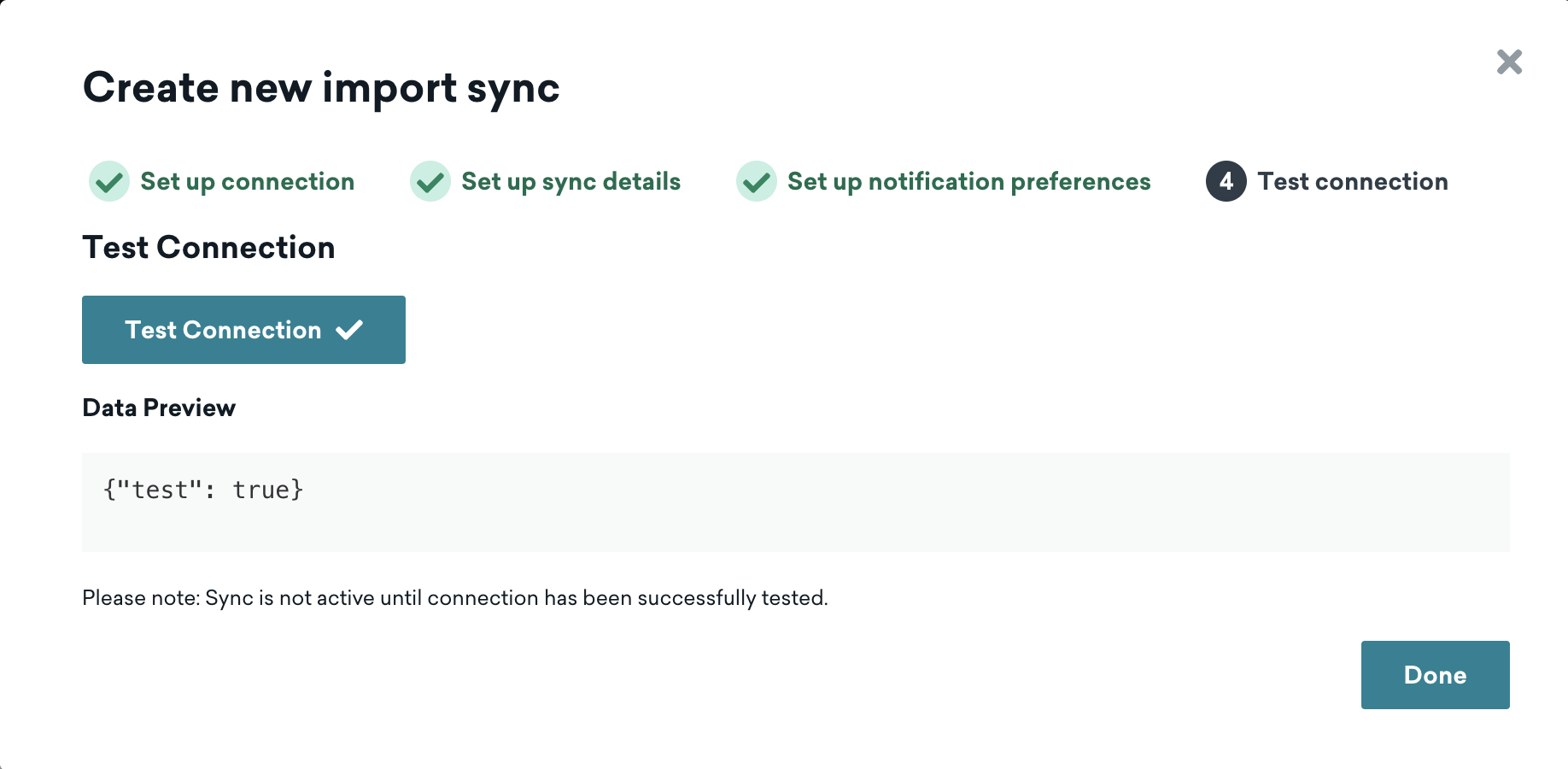 The "Create new import sync" page for Microsoft Fabric in the Braze dashboard, set to Step 4: "Test connection".