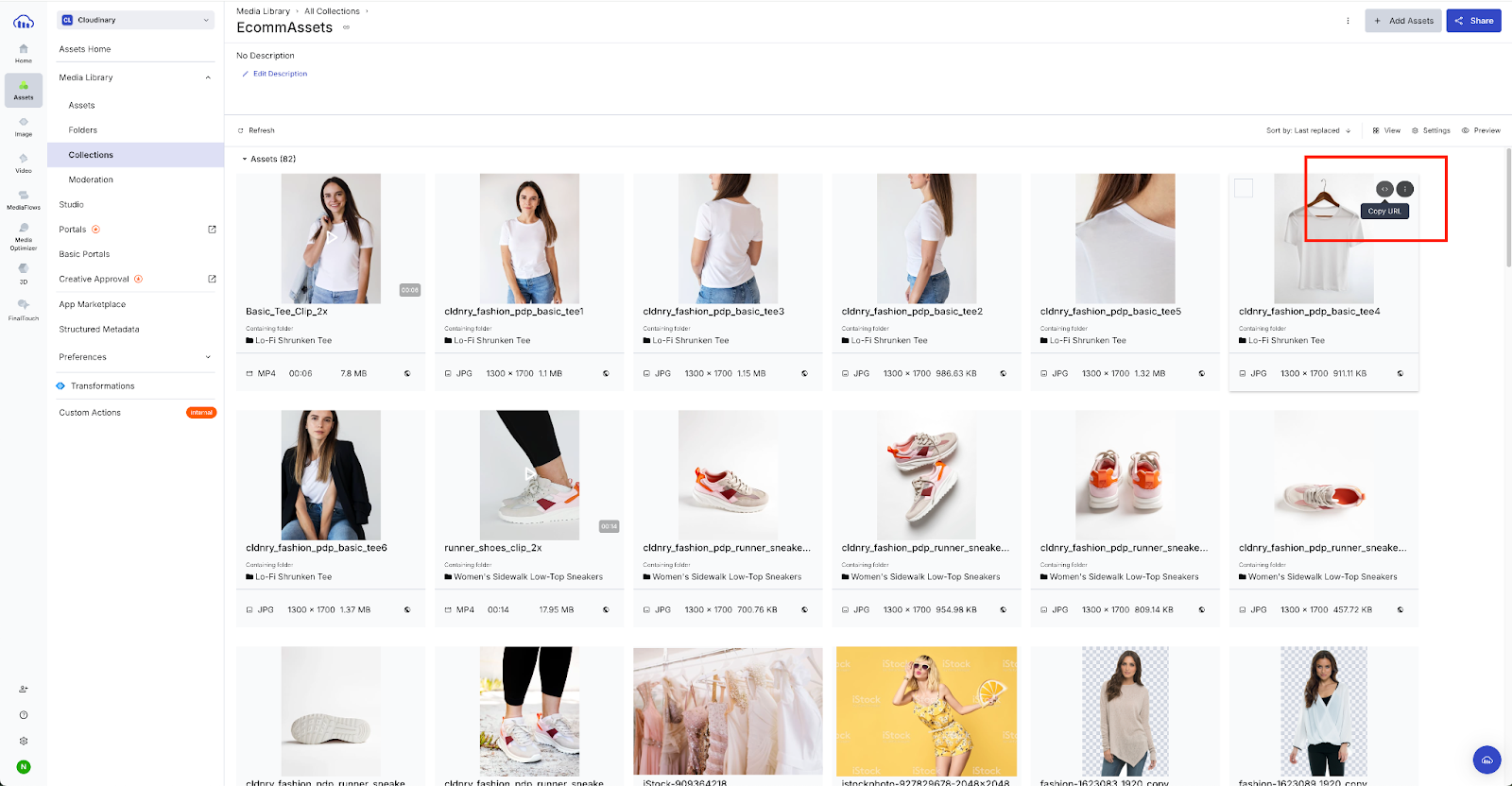 A grid view of Cloudinary's Image Asset Library, with the top right of one of the images highlighted, showing a "Copy URL" tooltip.