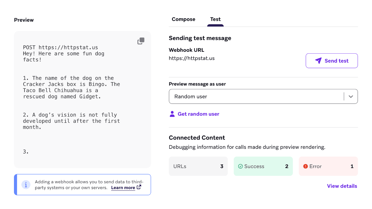 Connected Content section in the Test section.