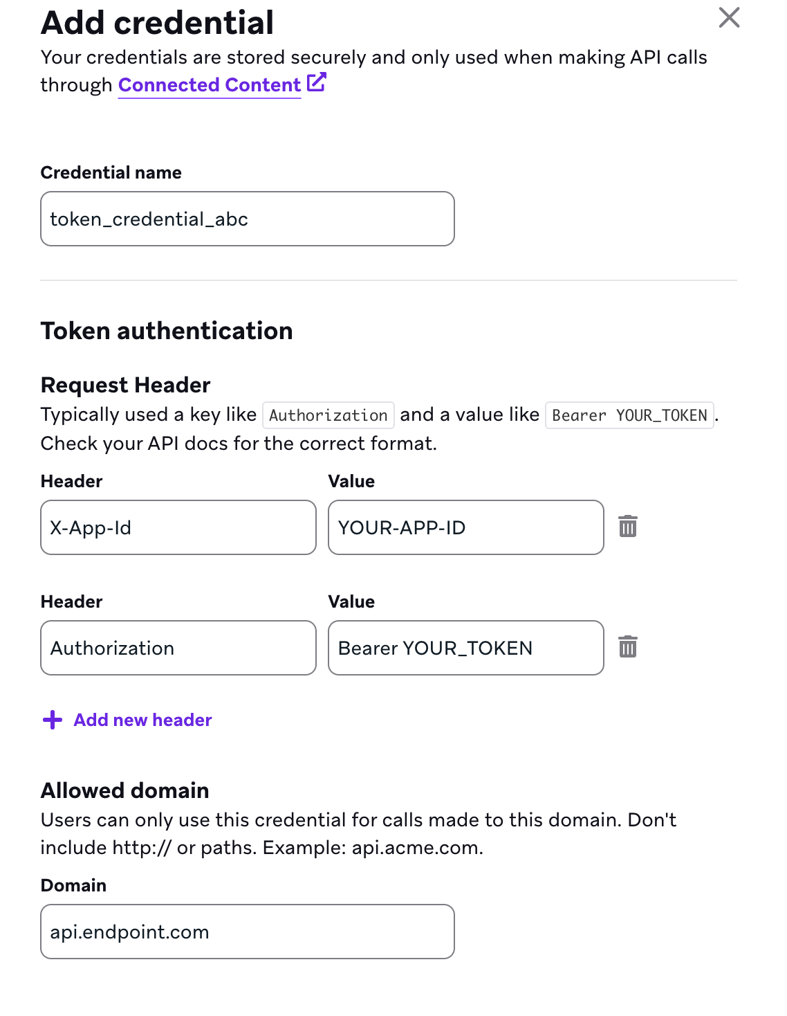 An example token "token_credential_abc" with token authentication details.