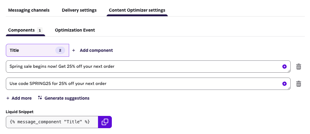 Content Optimizer settings showing options to add and configure content components for push optimization.
