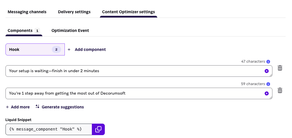 Content Optimizer settings showing options to add and configure content components for push optimization.