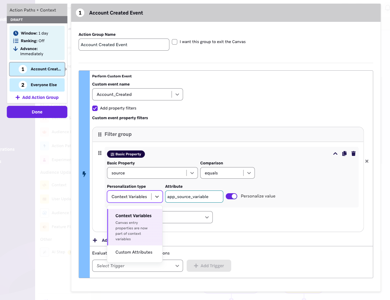 An example Action Path that references a context variable when performing a custom event.