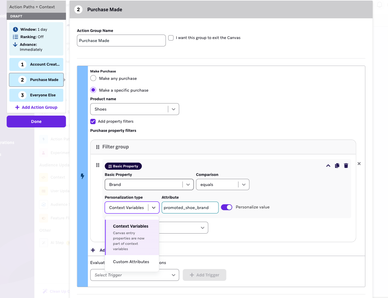 An example Action Path that references a context variable when making a purchase.