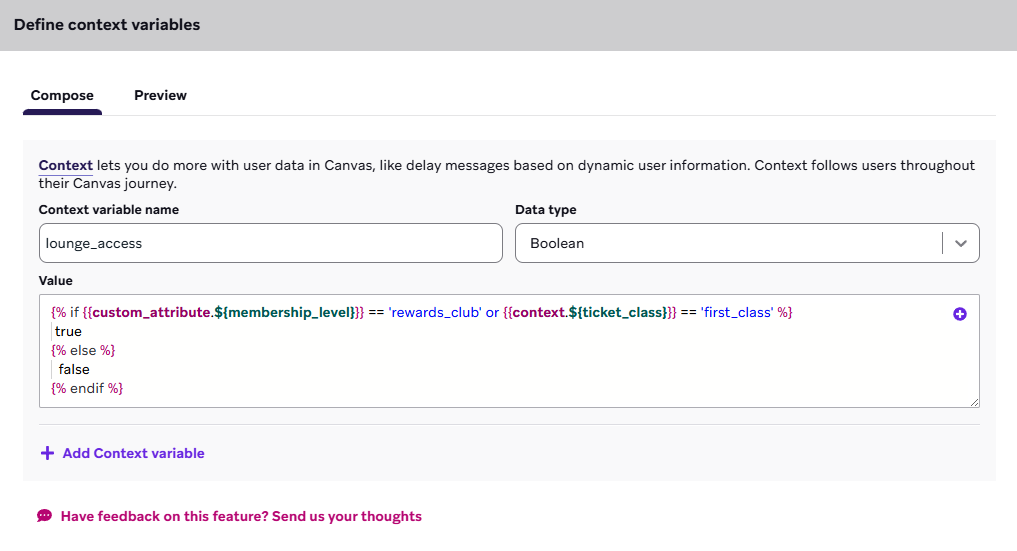 Two context variables set up to track a user's favorite category and the associated discount code.