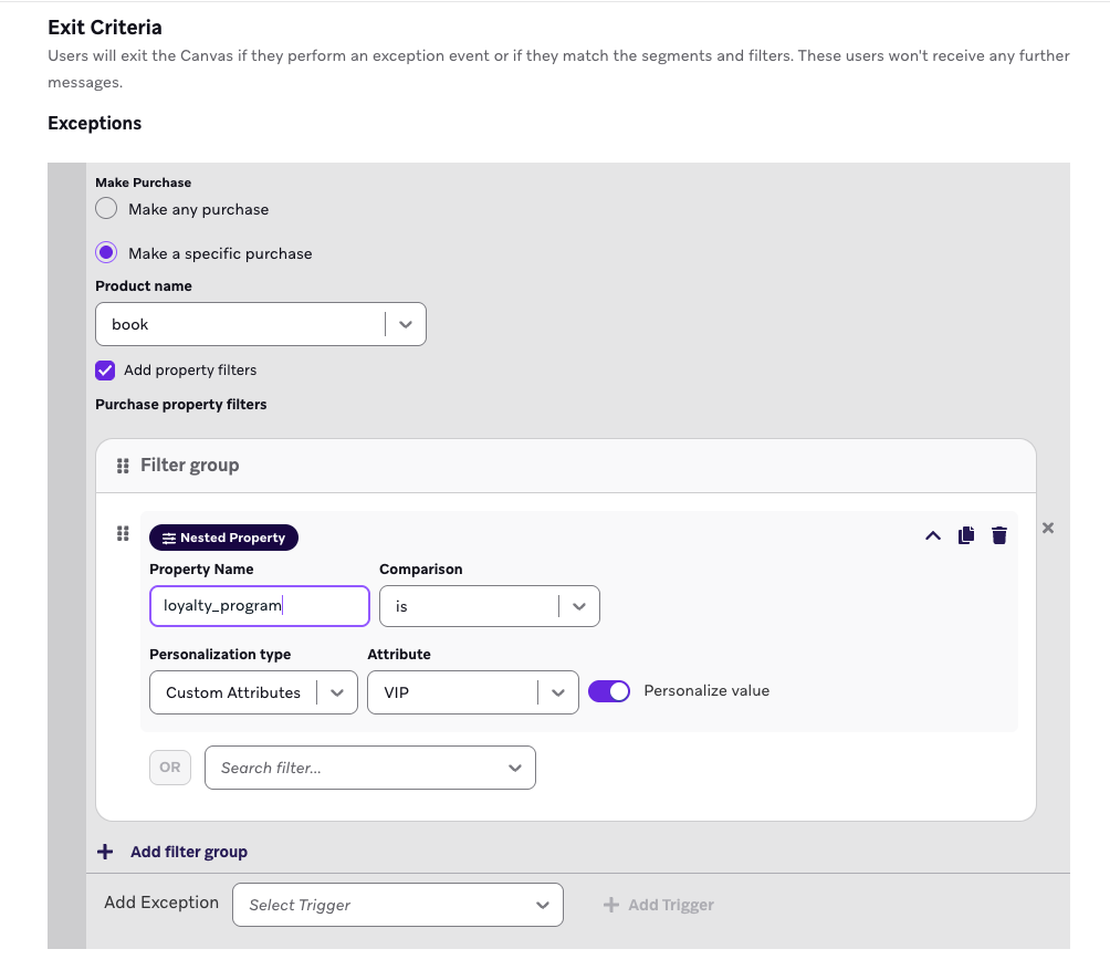Exit criteria set up to exit a user if they make a purchase.