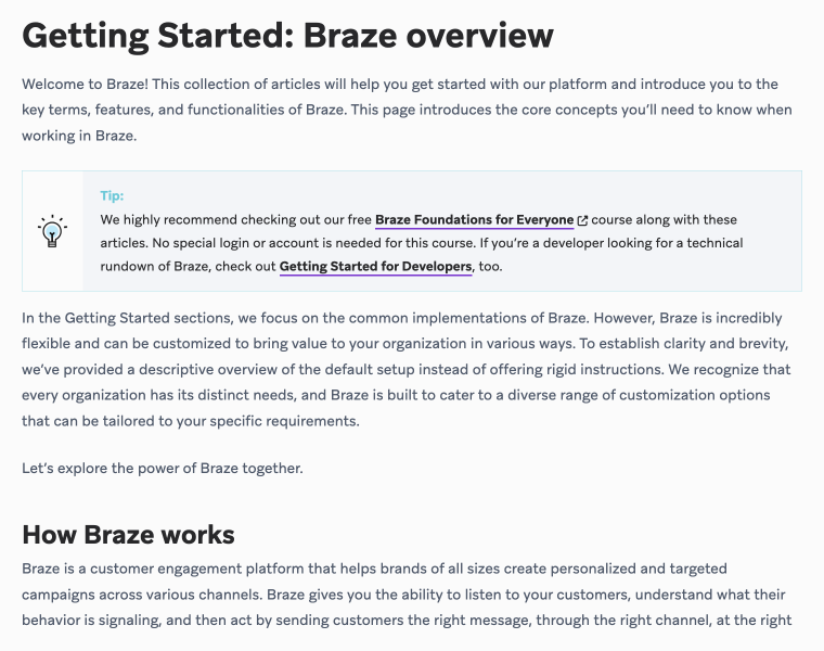 Screenshot of the "Getting started: Braze overview" page.