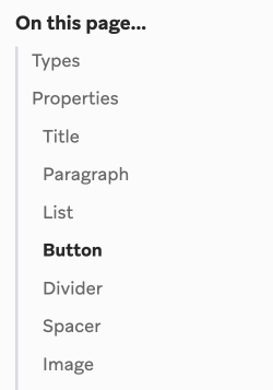 Screenshot of the in-page table of contents for the "Editor Blocks" page. Headings include: Types (H2), Properties (H2), Title (H3), Paragraph (H3), List (H3), Button (H3), Divider (H3), Spacer (H3), Image (H3), Video (H3), Social (H3), Icons (H3), HTML (H3), Menu (H3).