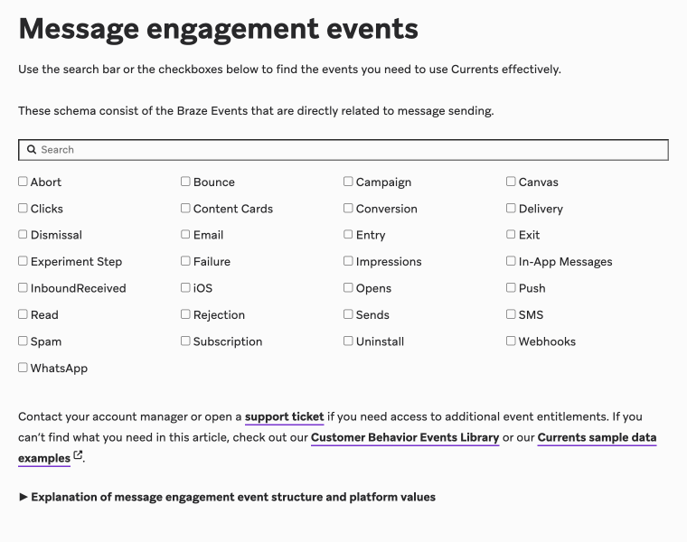 Screenshot of the "Message engagement events" page.