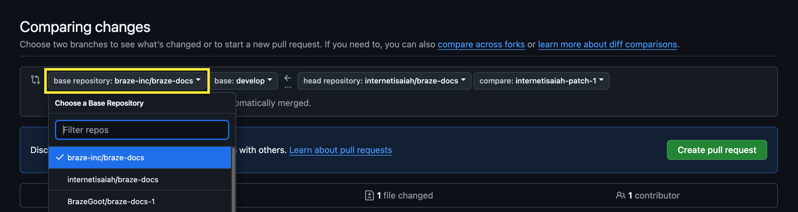 The "Comparing changes" window with "braze-inc/braze-docs" highlighted in the base repository dropdown list.