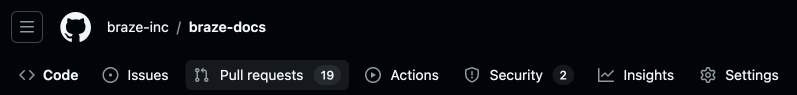 Braze Docs repository page with navigation menu containing Pull requests.