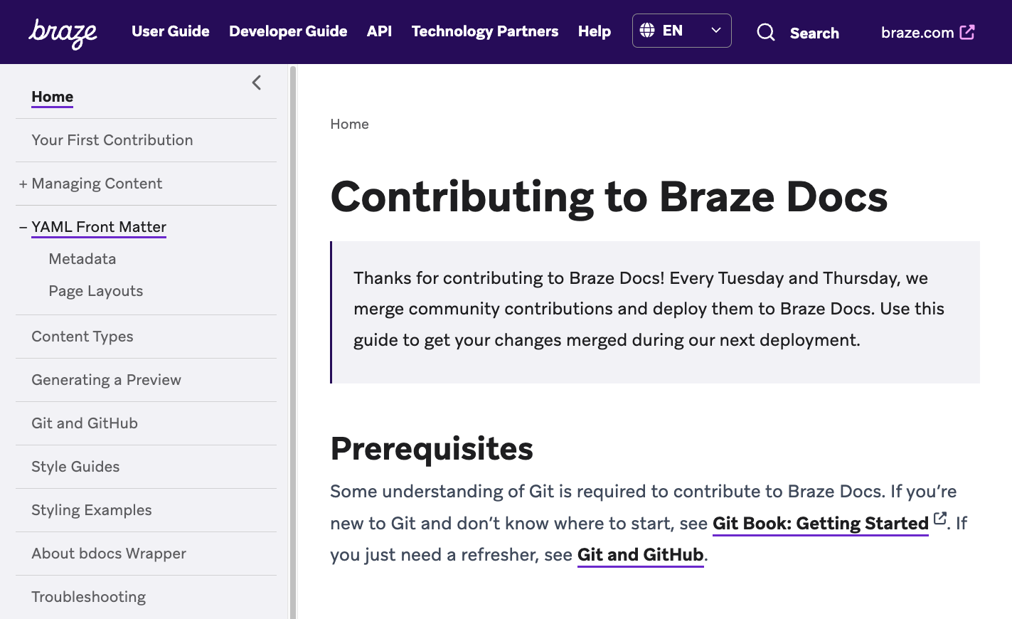 The left-side navigation for the Contributing section on Braze Docs. The "YAML Front Matter" page is selected, but the page content shows the previously selected page still.