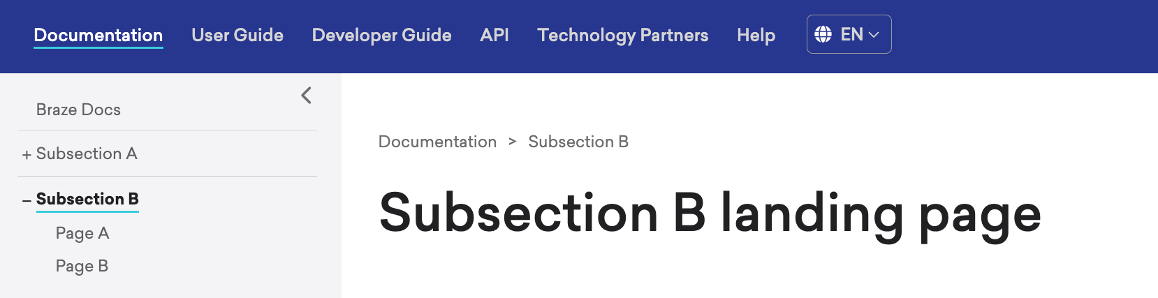 The left-side navigation on Braze Docs, showing an example of an expanded section with a landing page.
