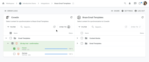 Crowdin and Braze Email Templates panels listing Email Templates and Content Blocks, with Sync to Braze and Sync to Crowdin.