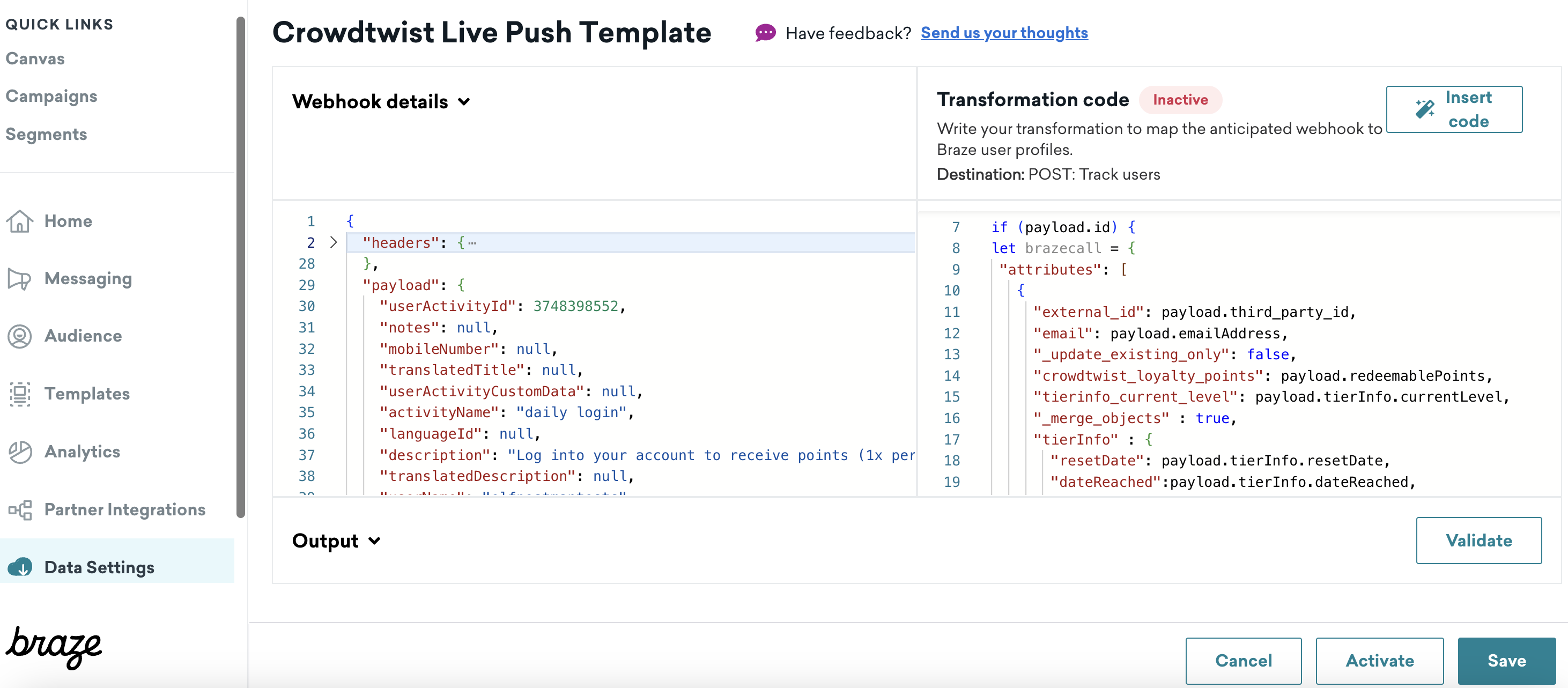 Screenshot of Braze Data transformation UI