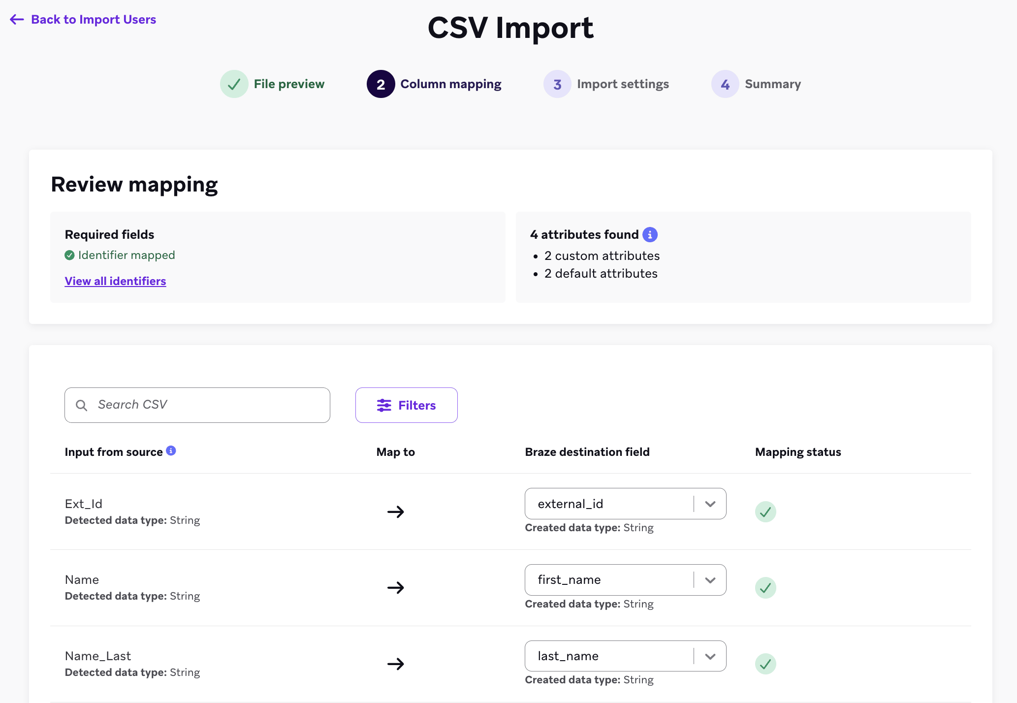 The column mapping page.
