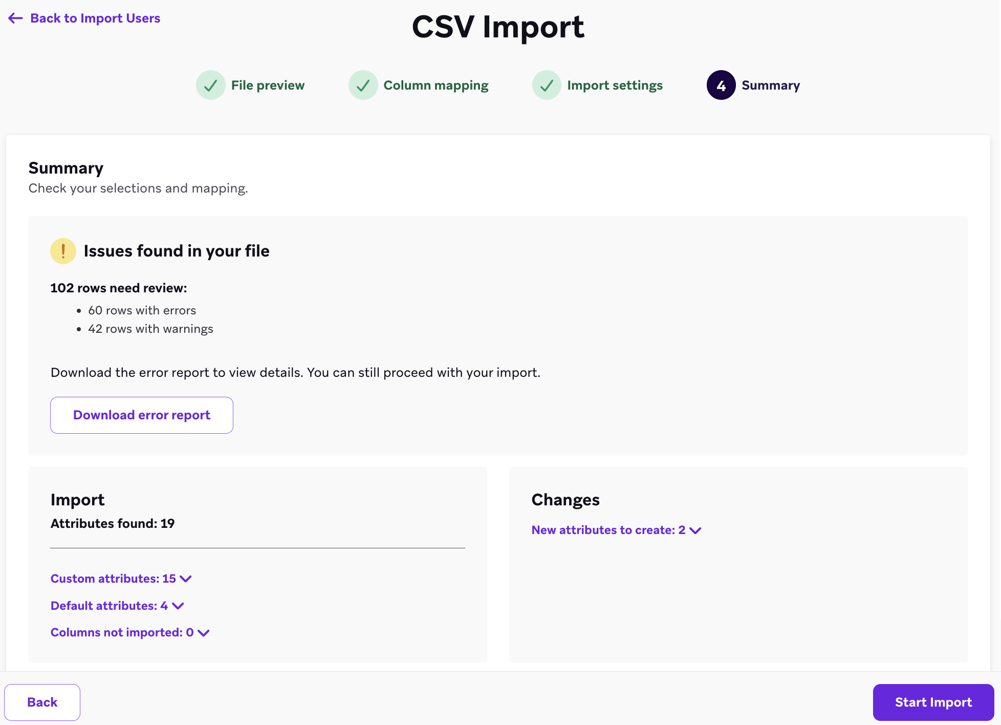 The summary page showing issues found section, showing a count of rows with errors and warnings, with options to go back, download the error report, or start import.
