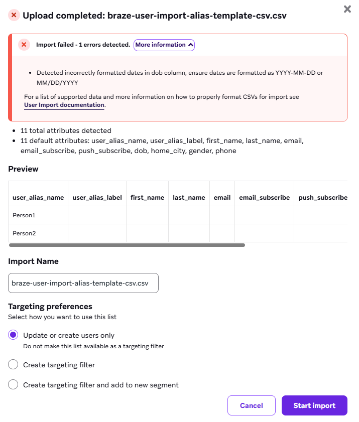 CSV upload completed with errors involving mixed data types in a single column