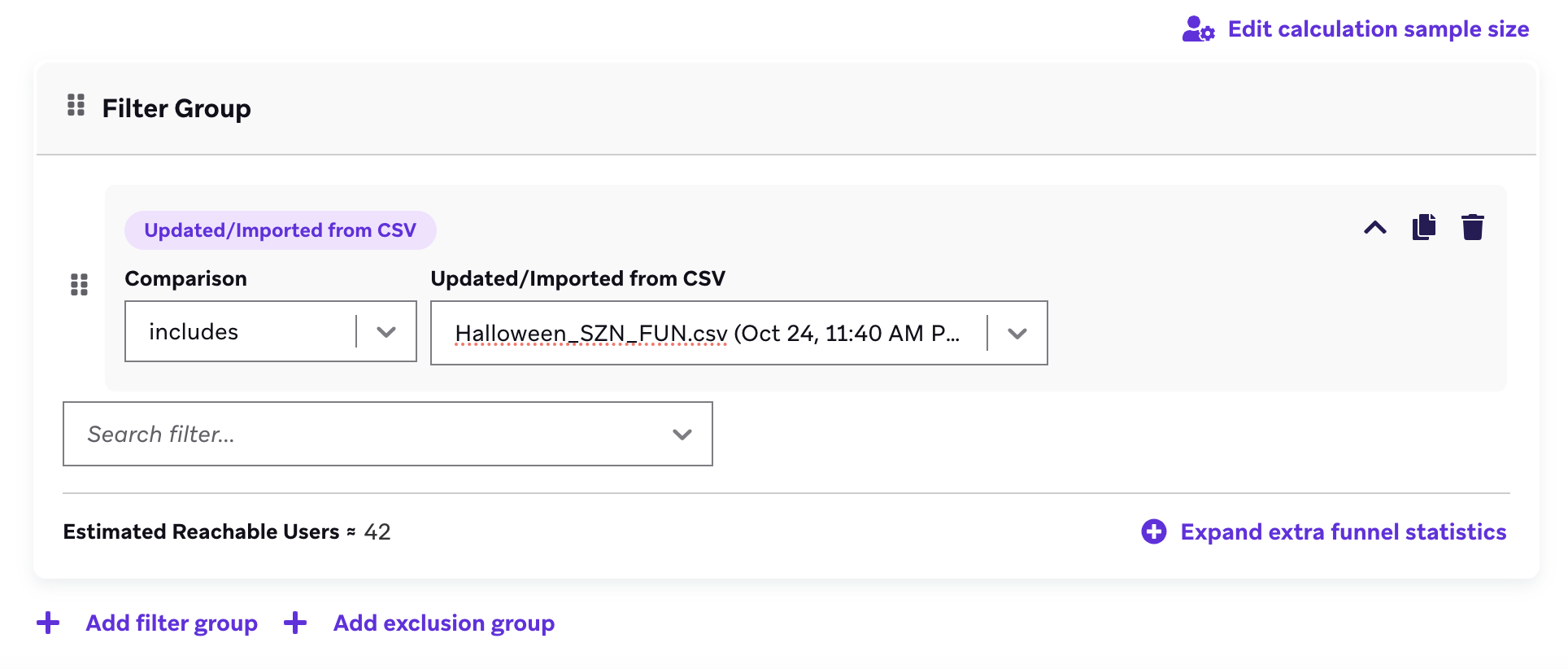 A filter group with the "Updated/Imported from CSV" filter including a CSV file titled "Halloween season fun".