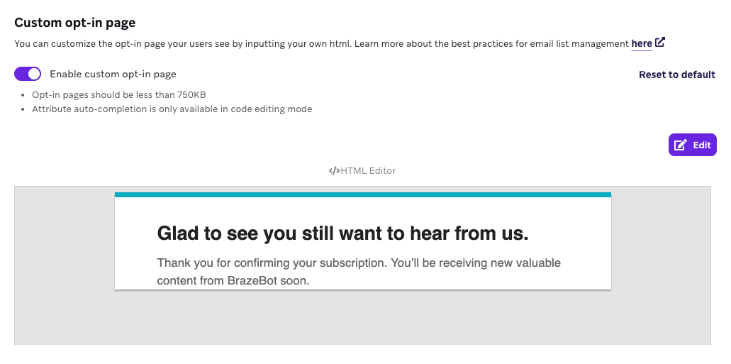 Custom opt-in email with a message "Glad to see you still want to hear from us".