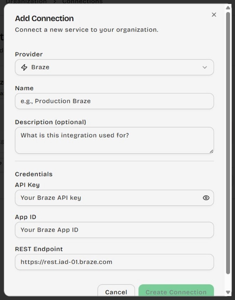 DailyPlay Add Connection modal with Braze selected and credential fields for API key, App ID, and REST endpoint.