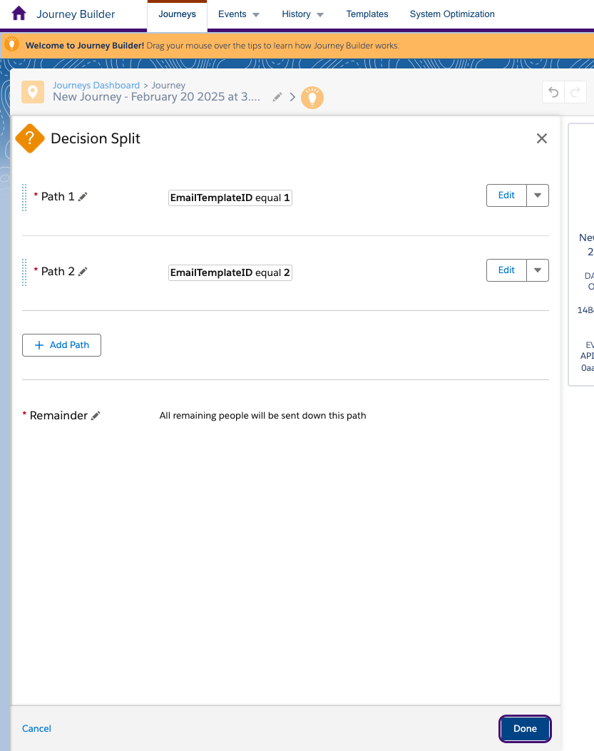 Two paths in a Decision Split for each email template ID.