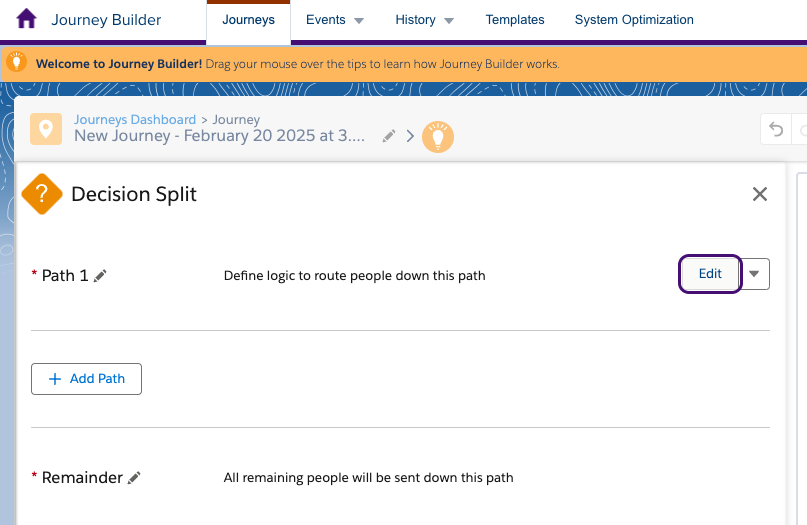 Decision Split details with the "Edit" button.