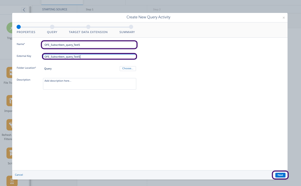 An example "OFE_Subscribers_query_Test5" and the external key.