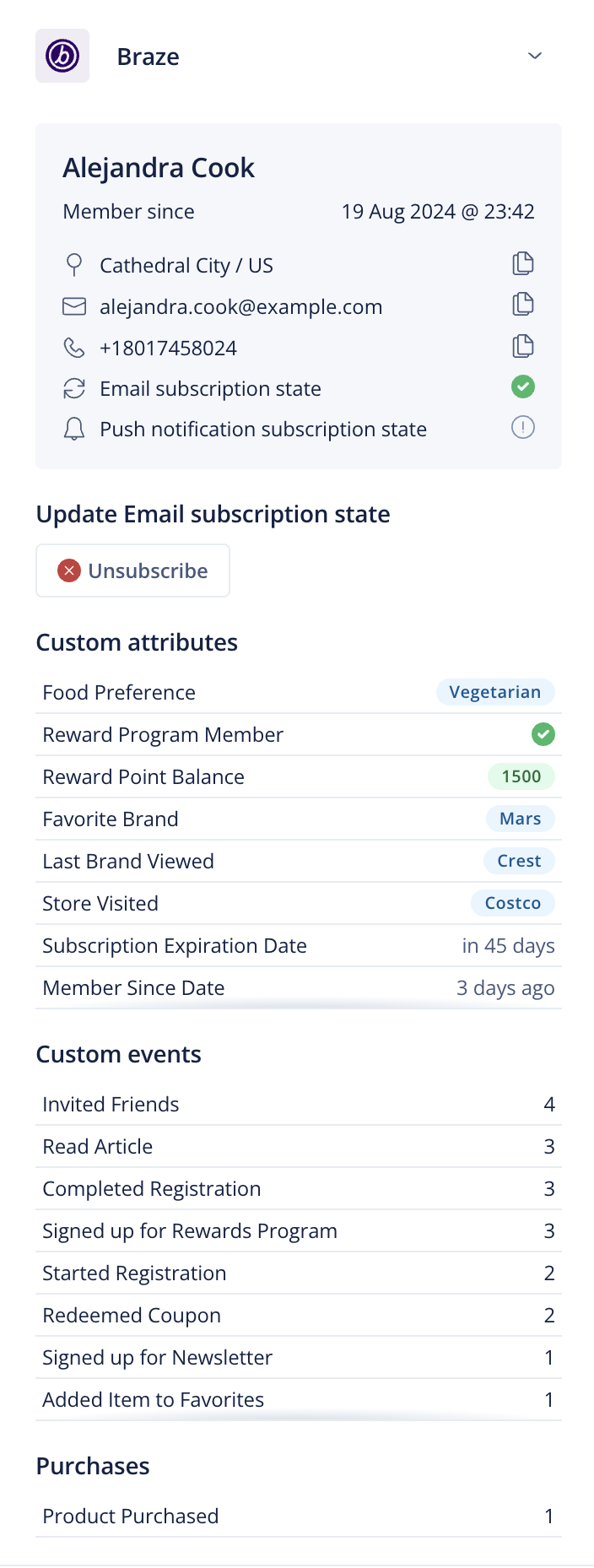 The Braze and Dixa integration in Dixa that displays a user's email subscription state, custom attributes, custom events, and purchases.