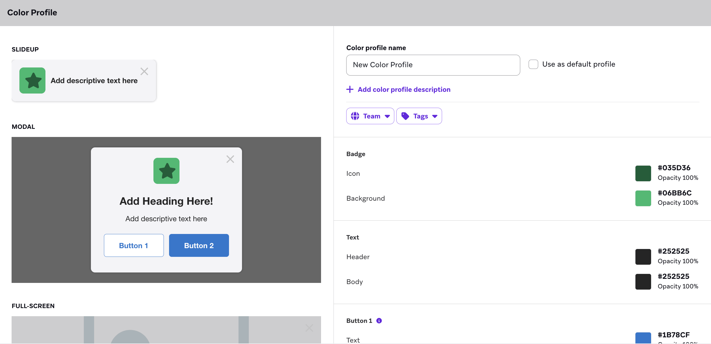 The in-app message color profile template editor.