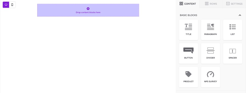 Drag-and-drop email editor Content tab showing Basic Blocks, including the NPS Survey block.