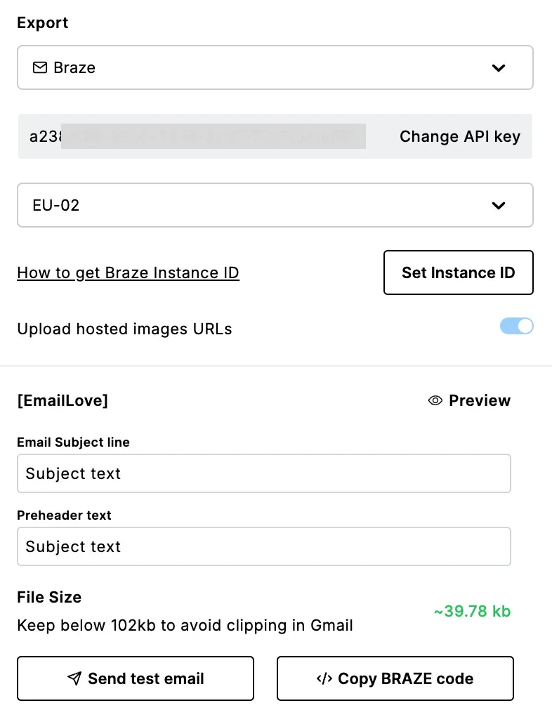 Exporting a template to Braze from the Email Love plugin.