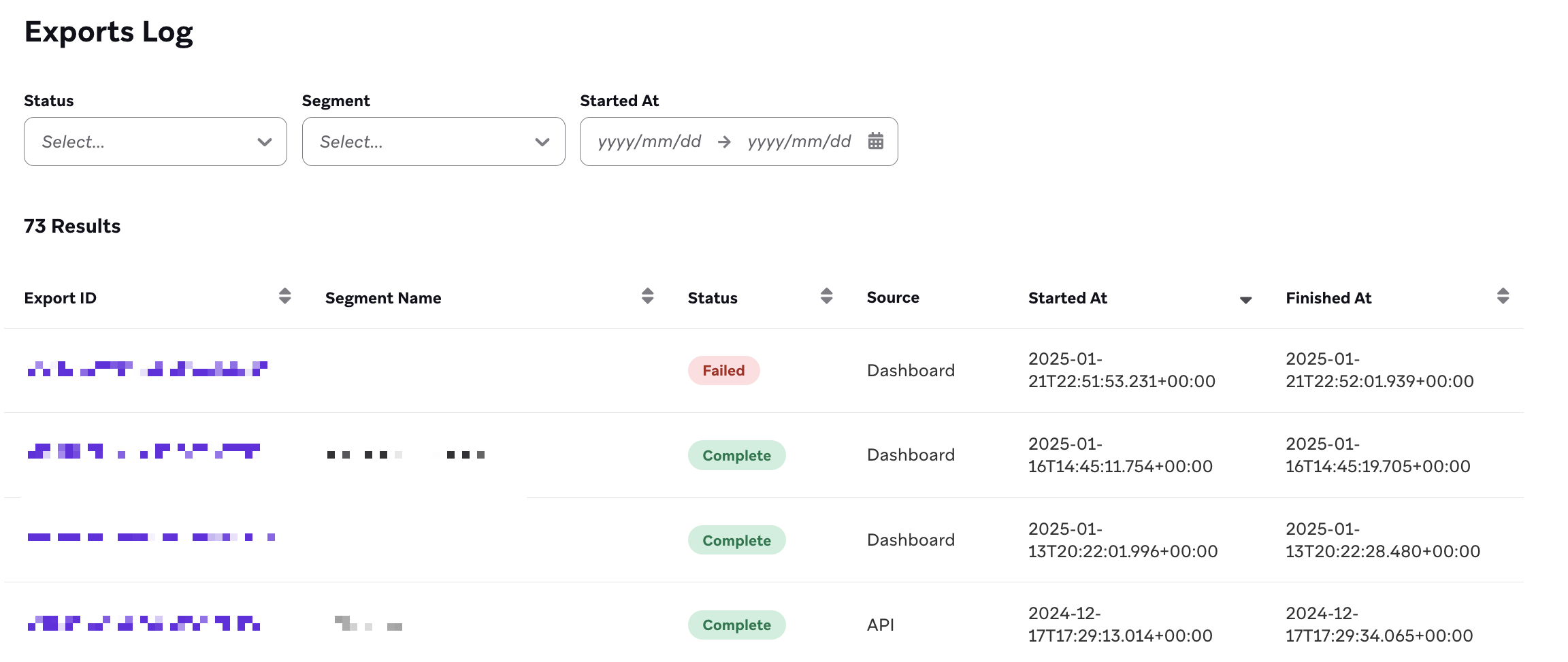 The export logs with a list of completed exports.