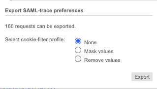 "Export SAML-trace preferences" menu with option "None" selected.