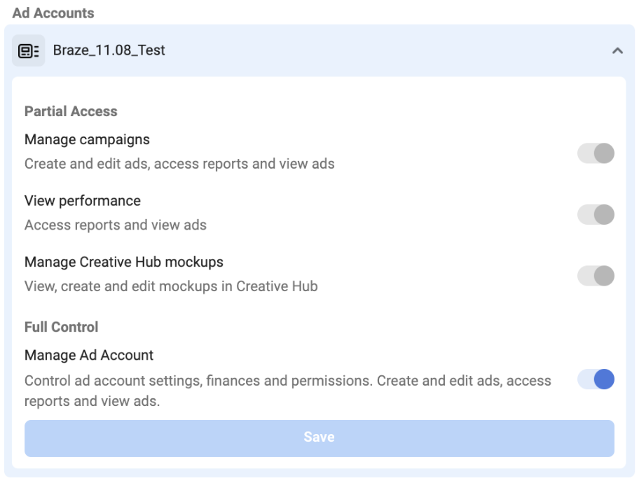 An account with full control permissions to manage an ad account.