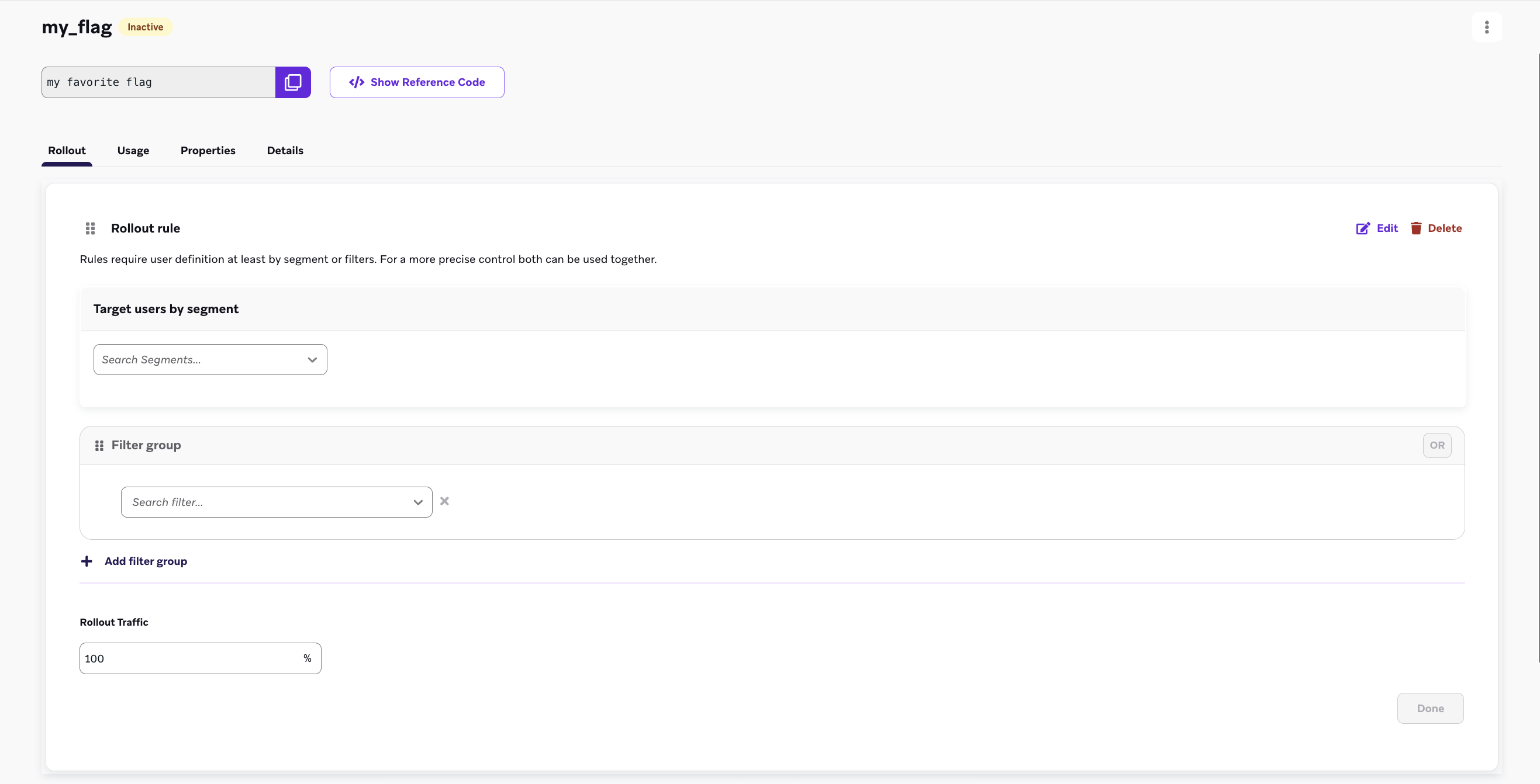 A textbox labeled Rollout Traffic with the ability to add segments and filters.