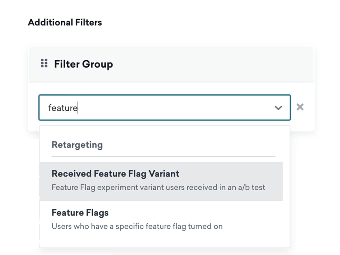 The 'Target' page in a feature flag experiment with 'Received Feature Flag Variant' highlighted in the filter group search bar.