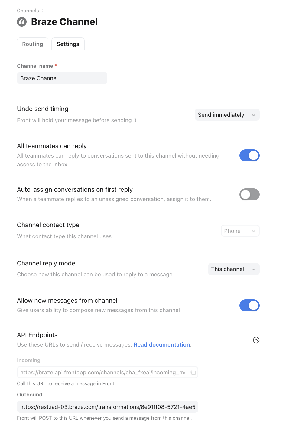 The channel settings for the newly created Braze channel in Front.